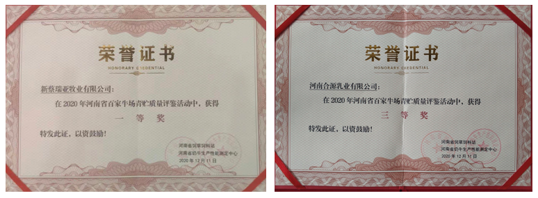 榮譽 | “百家牛場青貯質(zhì)量評鑒活動”花花牛新蔡瑞亞牧業(yè)、河南合源乳業(yè)分別榮獲一、三等獎